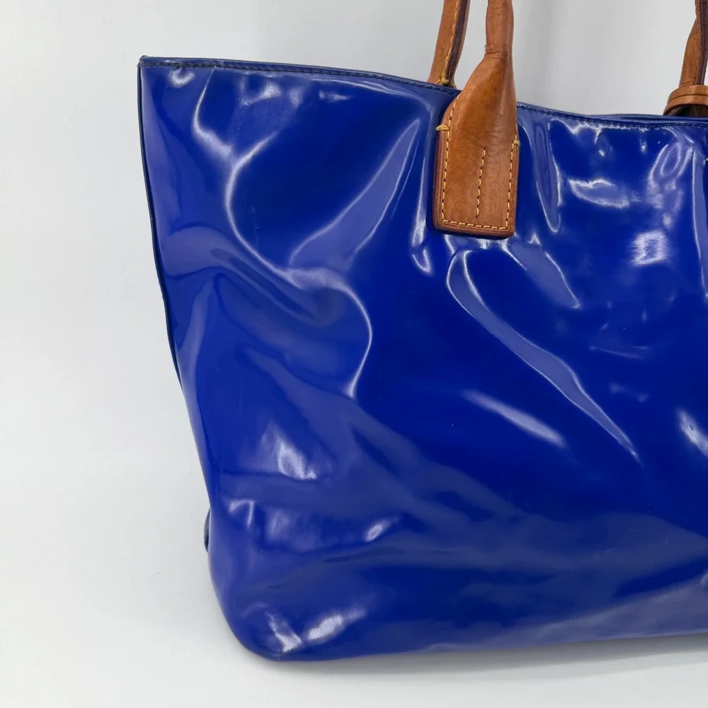 Dooney & Bourke Tote Bag Womens Medium Blue Patent Leather Tan Trim Shoulder Bag
